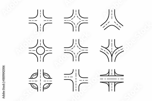 Set of nine road intersection icons with various designs