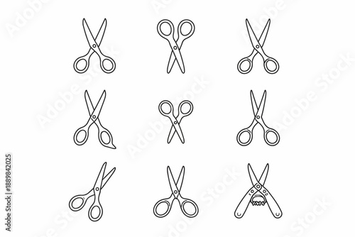 Set of nine scissors icon designs on white background