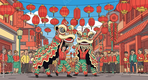 Colorful Cartoon Lion Dance Performance on the Chinese New Year Celebration Street