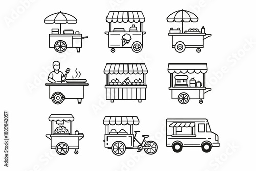 Outline icons of various food carts and trucks including ice cream and coffee stands