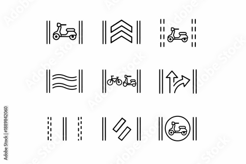 Set of iconic traffic and road symbols featuring bikes and directions