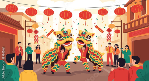 Illustrated Festive Lion Dance Performance Celebration for Chinese New Year Event