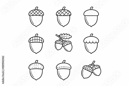 Black and white acorn doodles with varied caps and cluster design