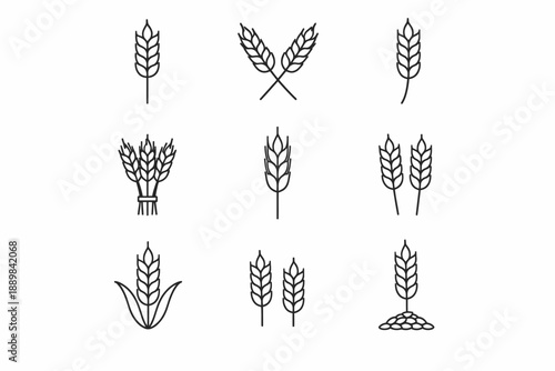 Collection of nine black wheat icons in simple line style