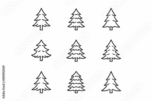 Simple black line sketches of nine pine trees in various styles