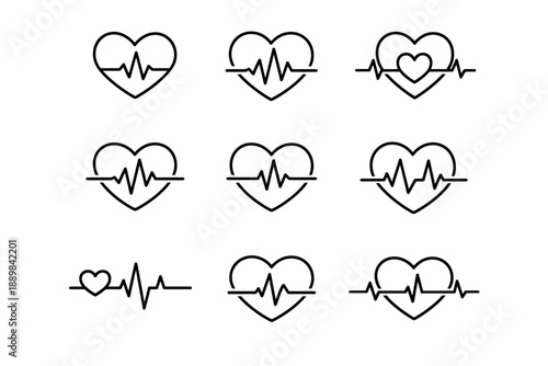 Heartbeat line icons set with heart and ekg elements
