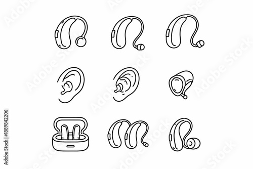 Hearing aids and earbuds line icons: various styles and designs