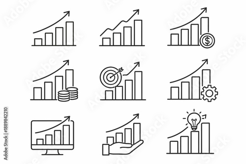 Set of line graph icons depicting business growth and financial success