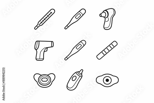 Variety of thermometers: traditional, digital, infrared, pacifier, ear