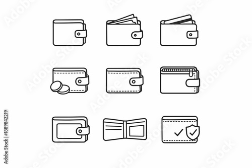Collection of minimalist wallet icons with various designs for digital use