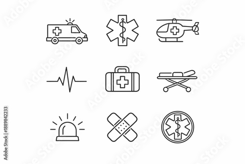 Emergency medical icons set featuring ambulance, helicopter, first aid, heartbeat, and stretcher symbols