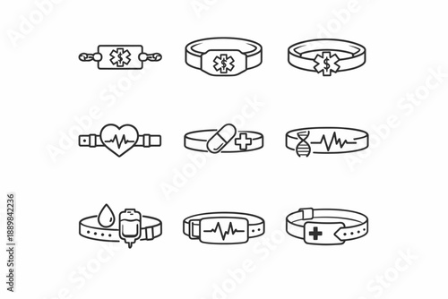 Set of medical alert bracelet icons with symbols and heartbeat designs
