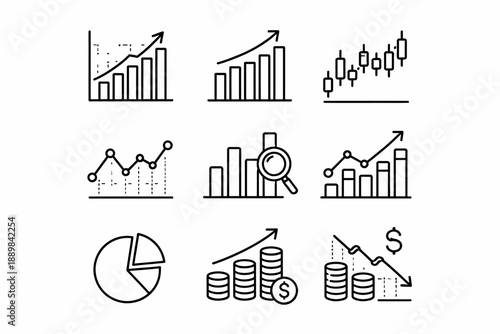 Simple line art of various graphs and charts representing financial data and trends
