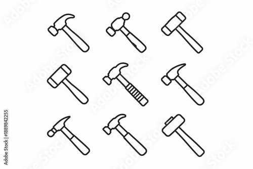 Assorted hammer icons set with claw ball-peen mallet and sledge designs