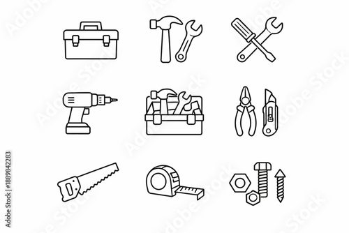 Essential hand tools icons: hammer, wrench, drill, toolbox, pliers, tape measure
