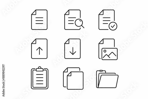 Set of nine minimal file and document line icons for digital organization