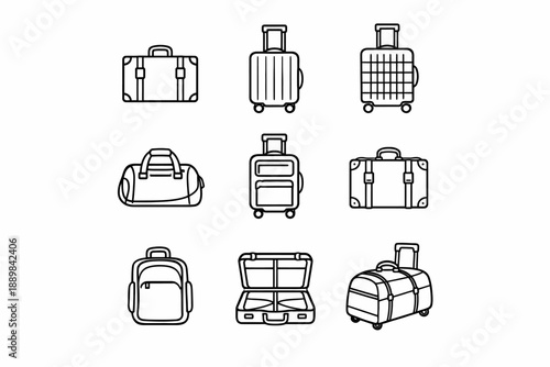 Set of various travel bags and suitcases line drawings
