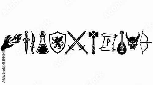 Collection of medieval heraldry icons and fantasy weapon silhouettes in black line art for logos, games, and fantasy artwork.