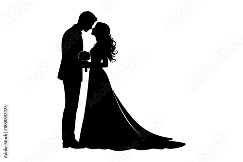 Silhouette of a bride and groom embracing in wedding attire.