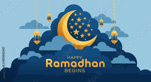 Elegant Flat Illustration Ramadan Greeting with Moon, Star, and Lantern Design