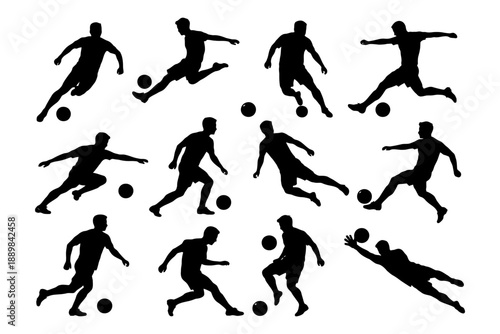 Silhouettes of male soccer players in dynamic poses with soccer balls.