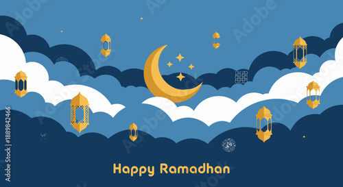 Elegant Decorative Ramadhan Kareem Celebration with Crescent Moon and Islamic Lanterns