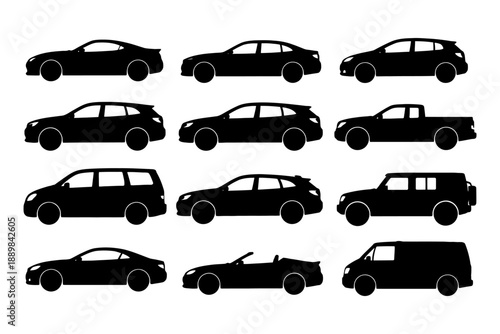 Silhouette collection of various car models in different shapes and sizes.