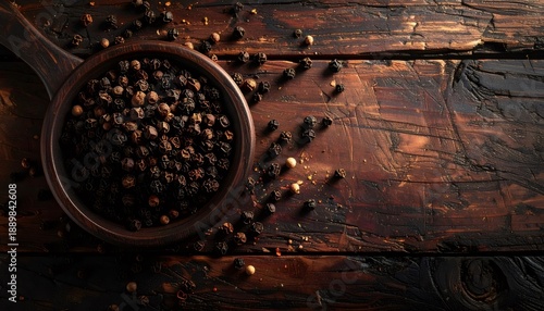 Black peppercorns in wooden bowl on rustic table