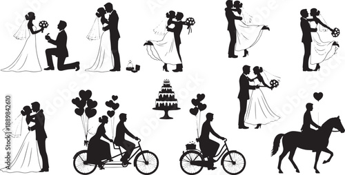 Collection of wedding silhouette illustrations depicting couples in various romantic poses and wedding-related activities