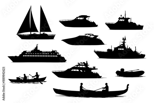 Silhouettes of various boats and ships including sails, yachts, and canoes.