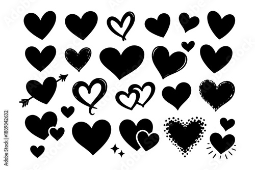 Collection of black heart icons and symbols on white background.