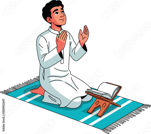 Young Muslim man in a white thobe praying on a turquoise mat with hands raised in supplication and an open Quran.