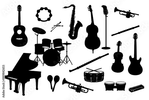 Silhouette collection of musical instruments: guitar, piano, saxophone, drums, and more.