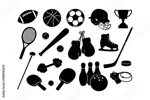 Collection of black silhouette icons representing various sports equipment and activities.