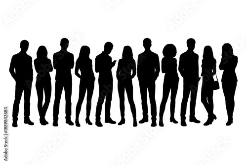 Silhouette group of diverse adults standing in various poses.