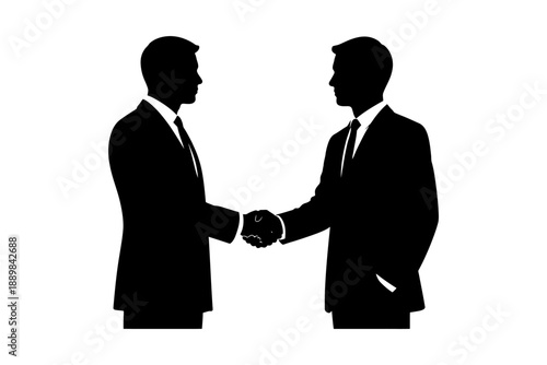 Silhouette of two caucasian male adults shaking hands in suits.
