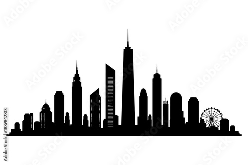 Silhouette of iconic city skyline with diverse skyscrapers and ferris wheel.