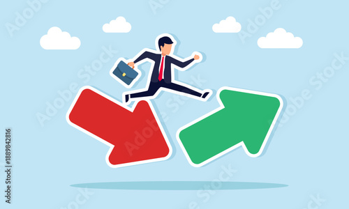 Businessman jumping from one arrow to another symbol of motivation to run business projects and increase income
