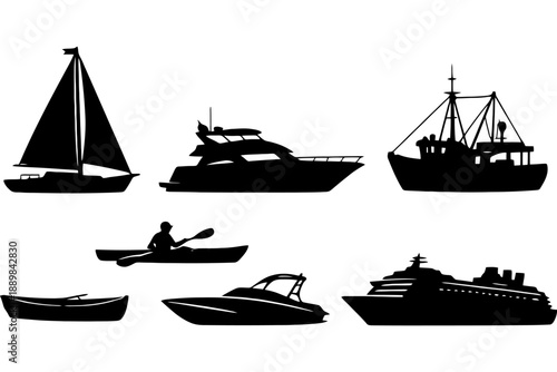Silhouette collection of various boats and ships.