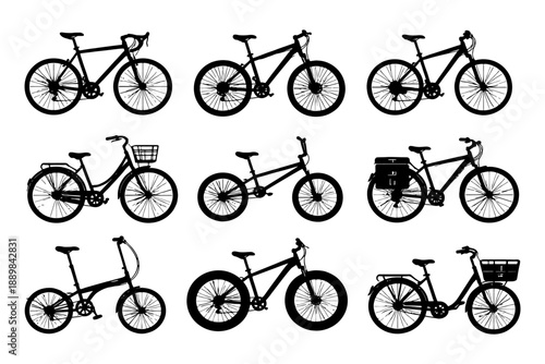 Silhouette collection of different bicycle types in various styles and designs.