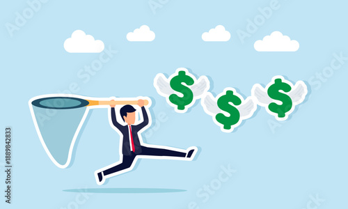 Businessman using net pole to catch flying dollar signs symbol of effort to take profit in business