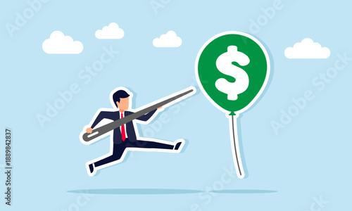 Businessman about to pop dollar balloon with needle symbol of effort to take profit in business