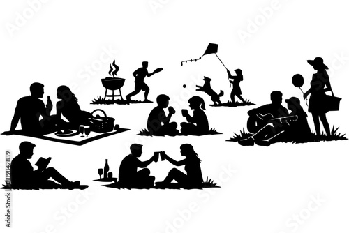 Silhouette of diverse people enjoying outdoor activities and leisure.