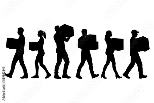 Silhouettes of diverse people carrying boxes in motion.