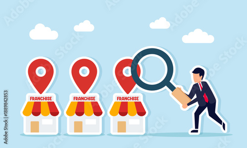Businessman using magnifying glass to analyze franchise outlets with location pins monitoring franchise business performance