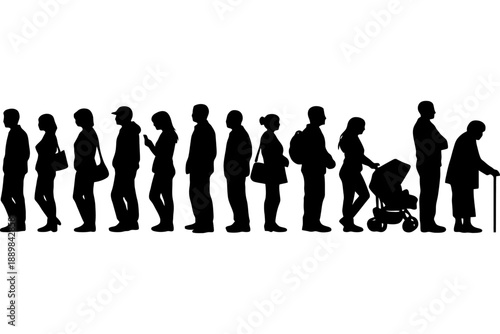 Silhouette of diverse people standing in line on white background.
