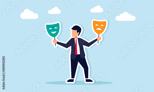 Businessman holding two masks with sad and happy expressions symbol of dual personality adaptability in business