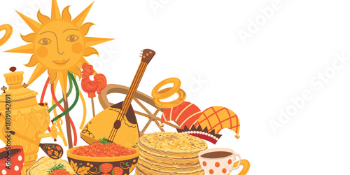 Vector postcard with Maslenitsa symbols. Vector illustration in cartoon style. Slavic symbol of the sun. Samovar, pancakes with caviar and sour cream, bagels for tea. Wooden wheel with ribbons.
