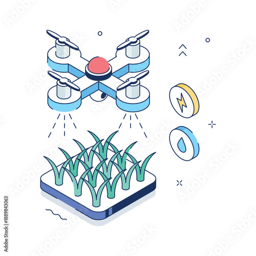 A modern isometric illustration showing agriculture drone monitoring farmland