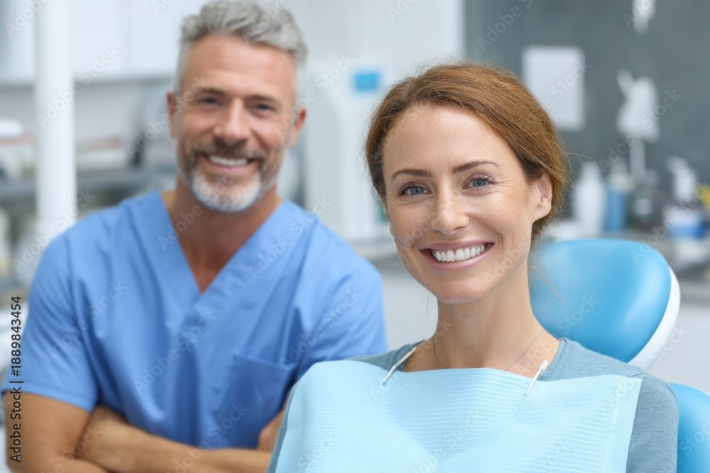 Fototapeta premium Friendly Dentist and Happy Patient in Dental Office Wearing Blue Scrubs During Appointment